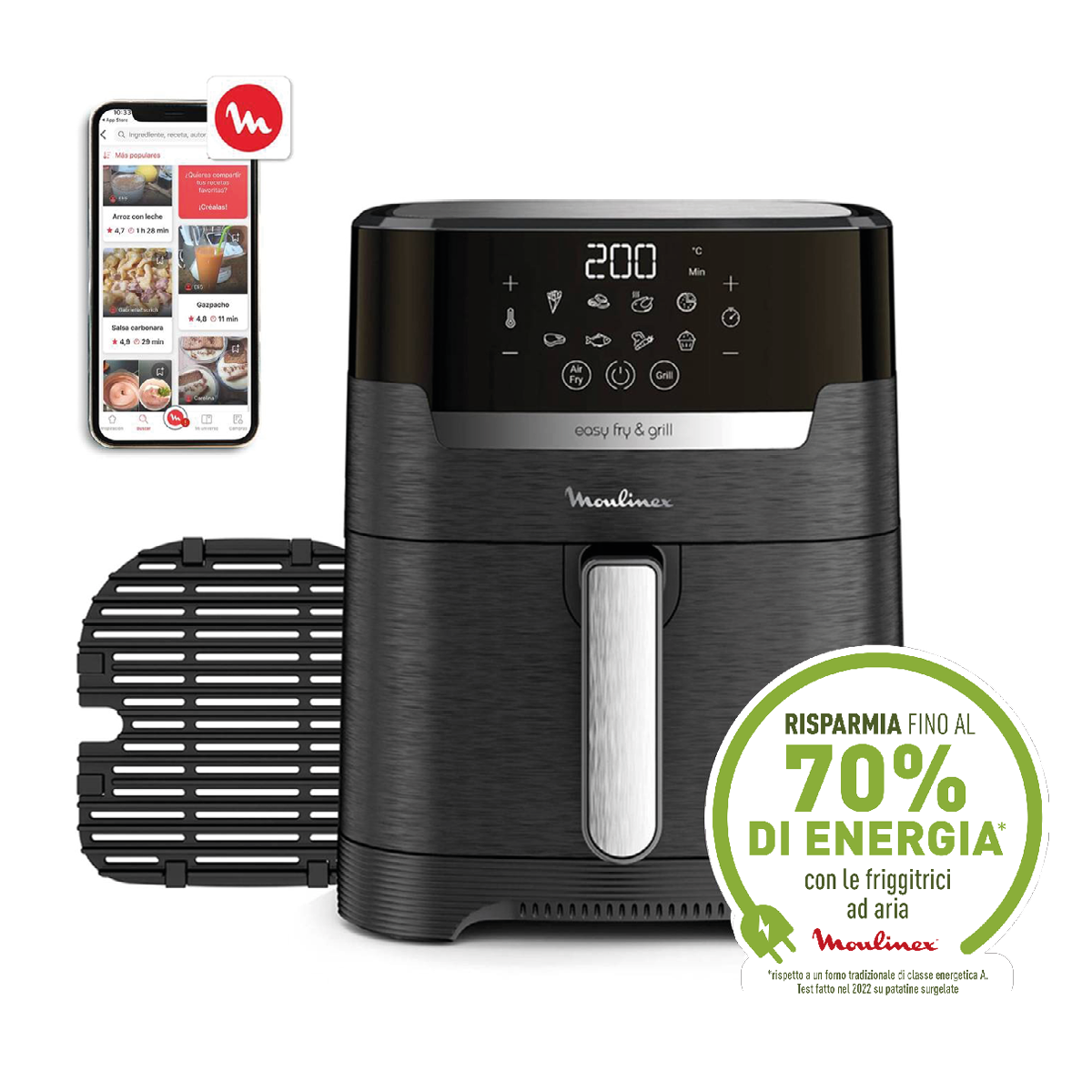 Easy Fry & Grill, Friggitrice ad Aria 4.6L,/1kg, Digitale, Funzione Grill, Griglia in Alluminio Pressofuso