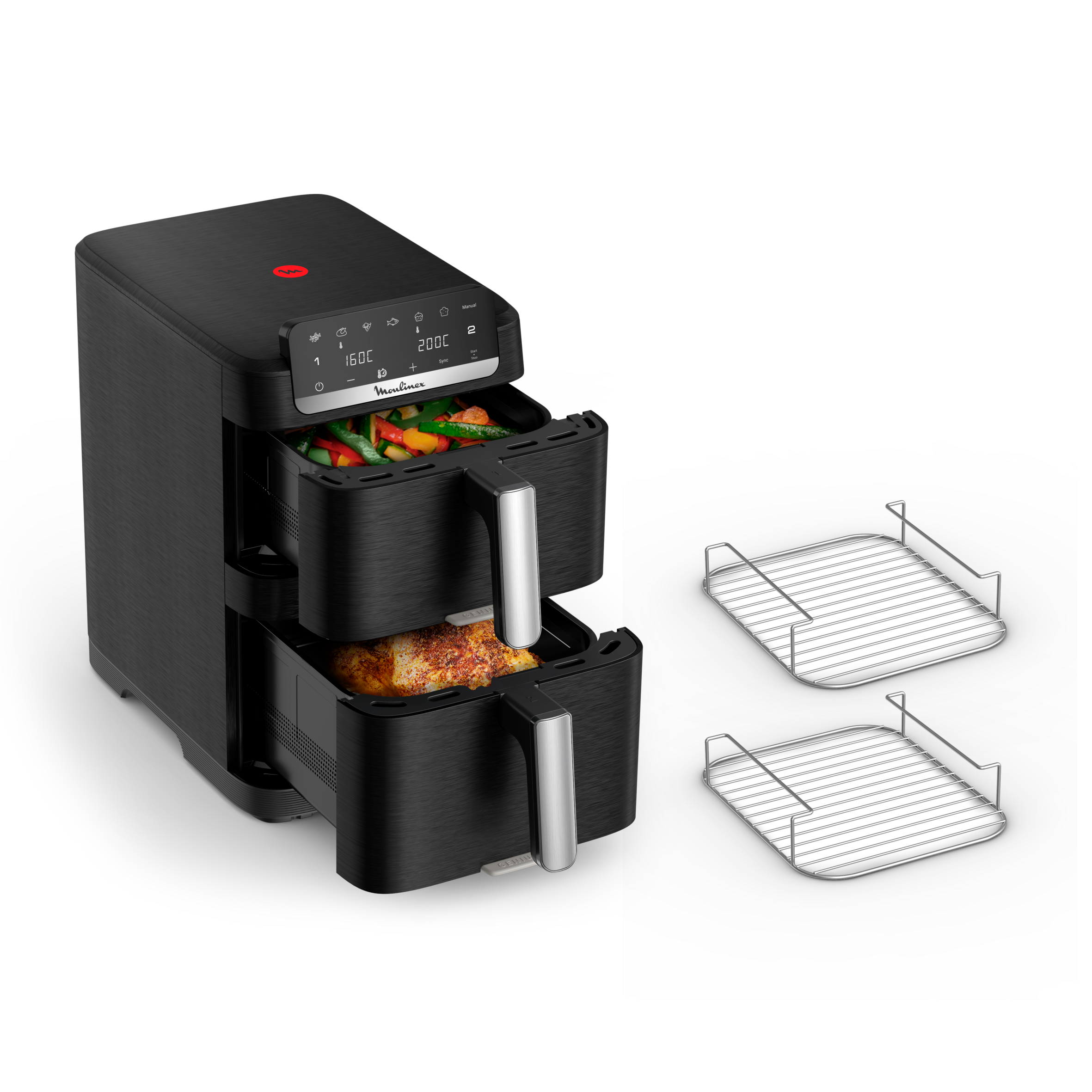 Easy Fry Crispy Stack, Friggitrice ad Aria Verticale con Doppia Resistenza, Salvaspazio, Frontale Rimovibile