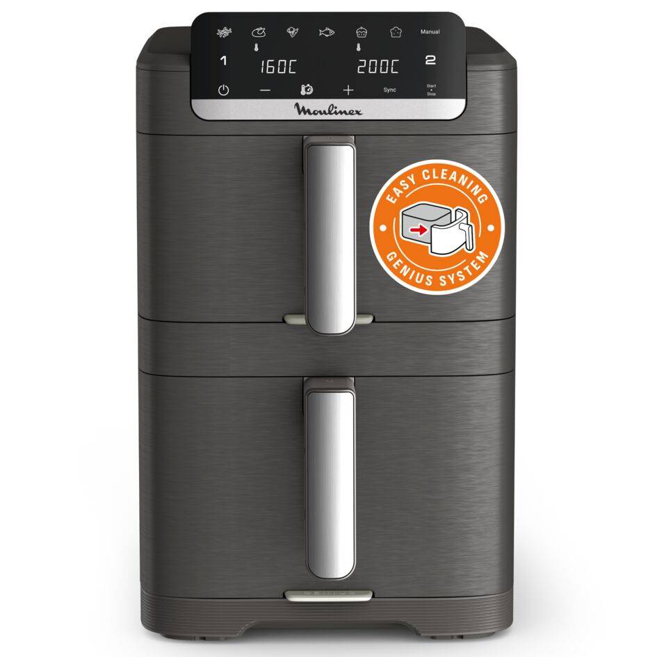 Easy Fry Crispy Stack, Friggitrice ad Aria Verticale con Doppia Resistenza, Salvaspazio, Frontale Rimovibile