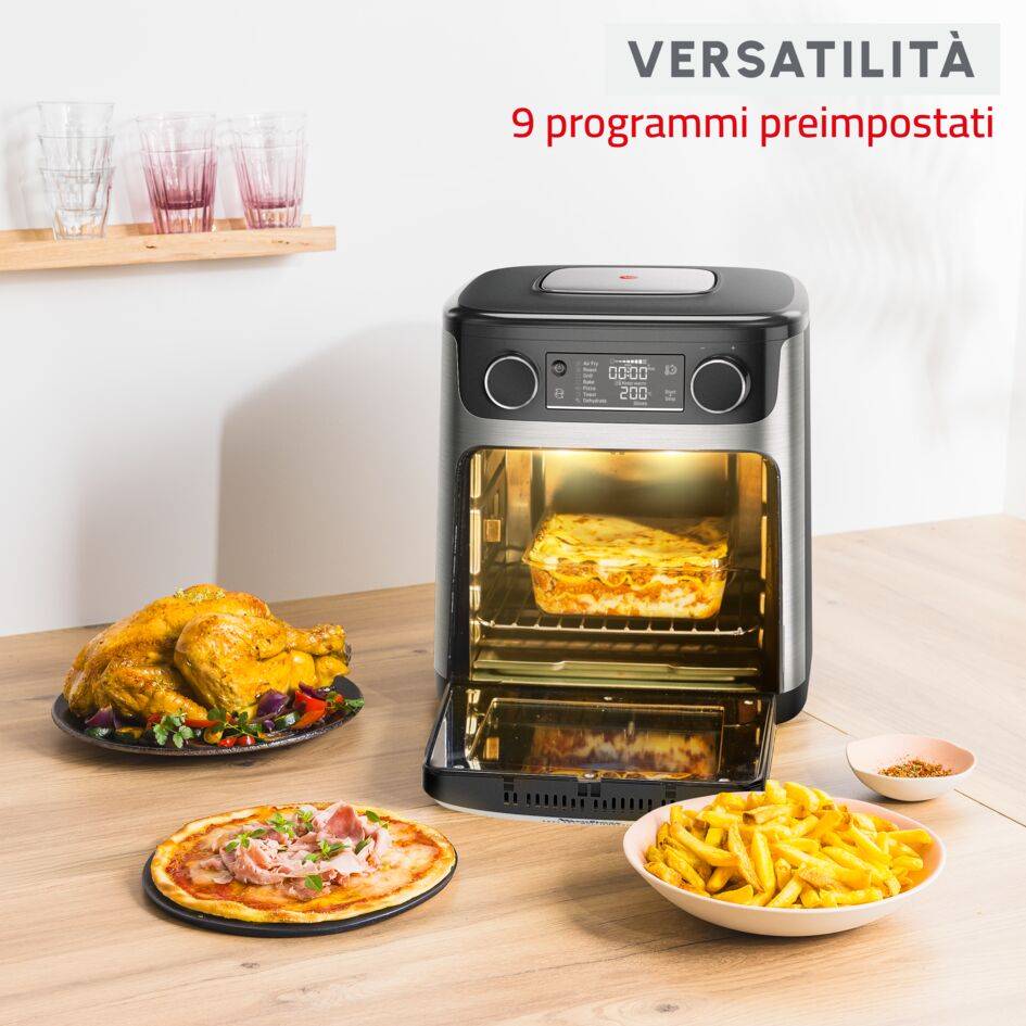 Easy Fry Multifunction, Forno Friggitrice ad Aria 15L, 9 Funzioni di Cottura, Doppia Resistenza, 3 Livelli di Cottura