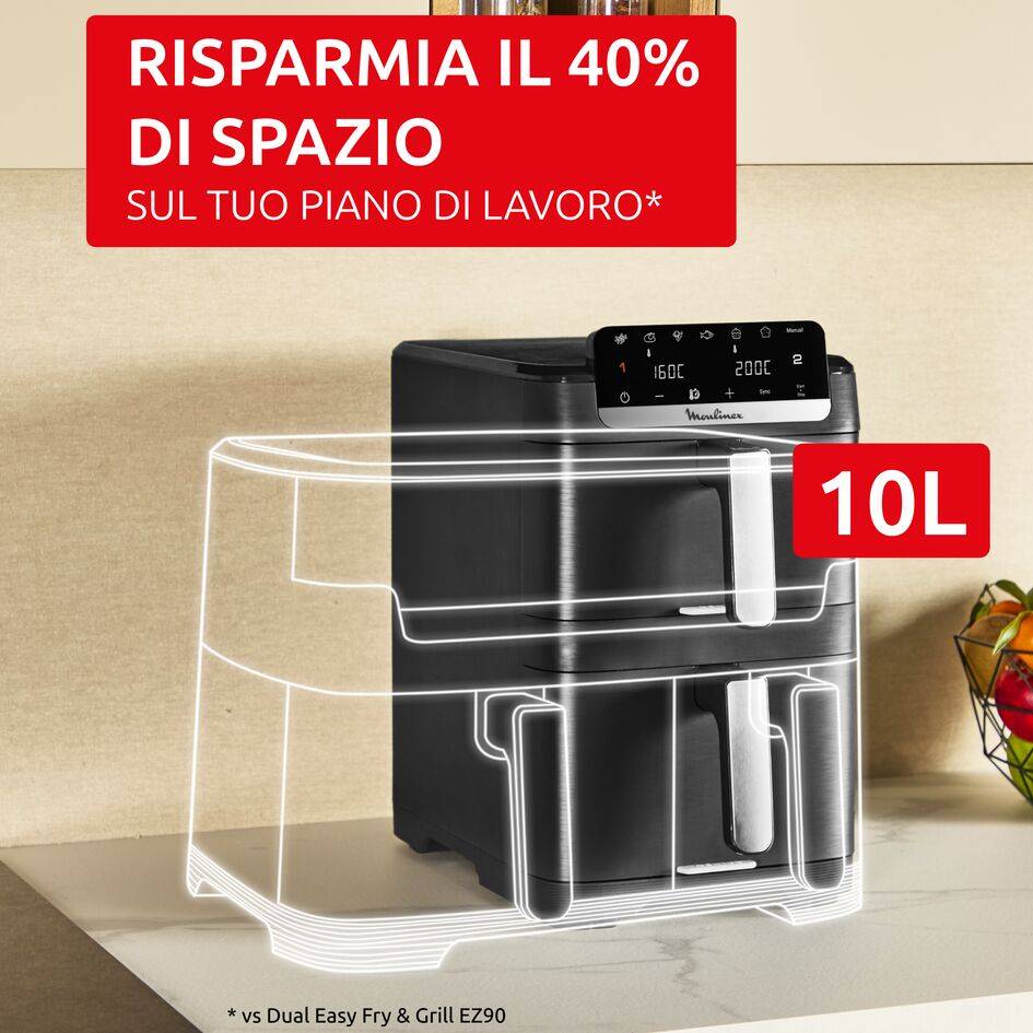 Easy Fry Crispy Stack, Friggitrice ad Aria Verticale con Doppia Resistenza, Salvaspazio, Frontale Rimovibile
