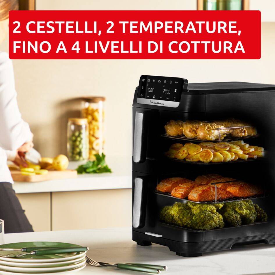 Easy Fry Crispy Stack, Friggitrice ad Aria Verticale con Doppia Resistenza, Salvaspazio, Frontale Rimovibile