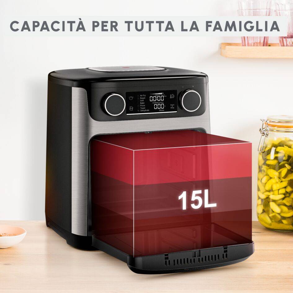 Easy Fry Multifunction, Forno Friggitrice ad Aria 15L, 9 Funzioni di Cottura, Doppia Resistenza, 3 Livelli di Cottura