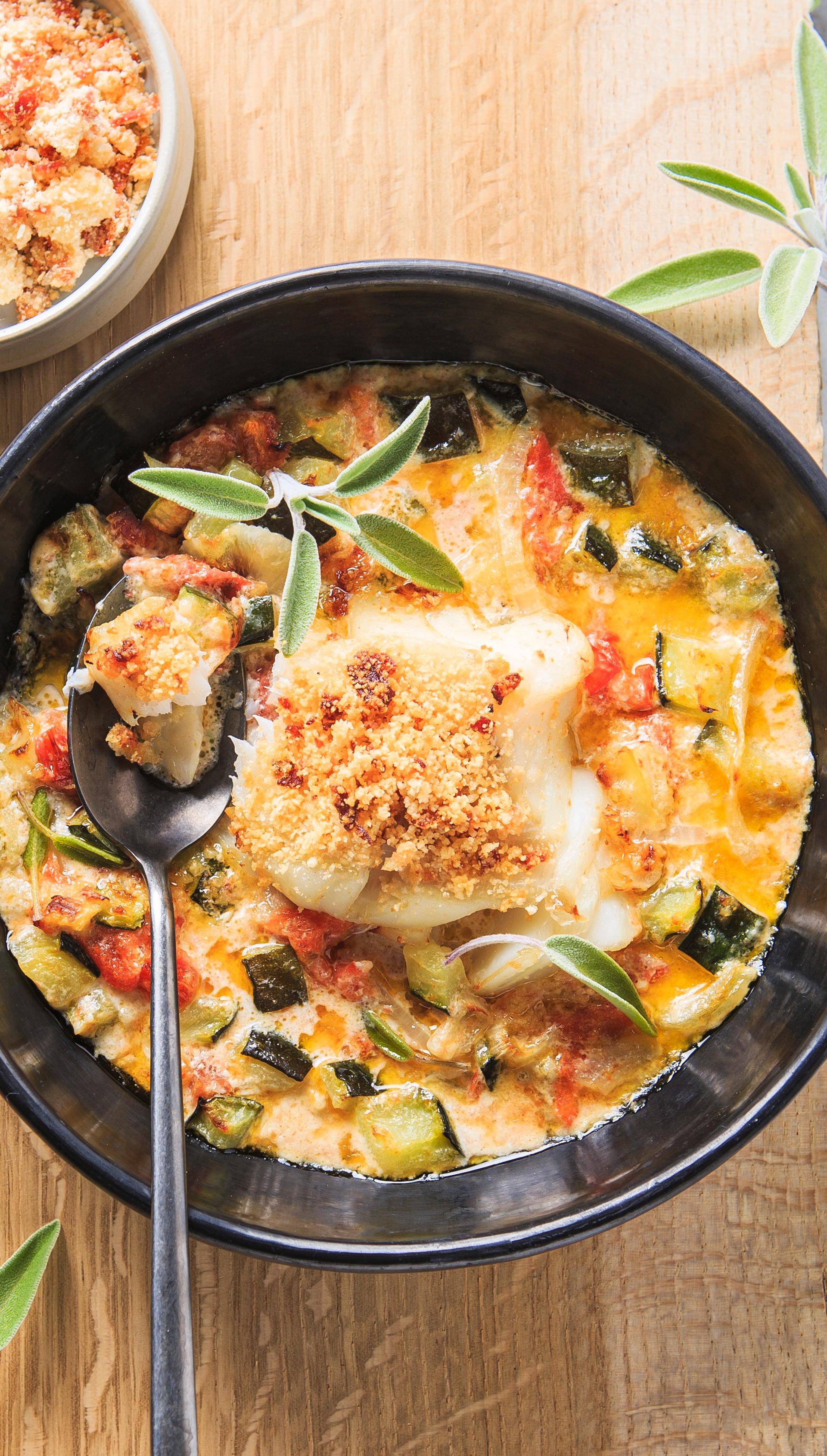 Quenelle di baccalà con giardiniera d'inverno, intingolo di pomodori essiccati, semi di finocchio e olio verde - Ricette Companion | Moulinex