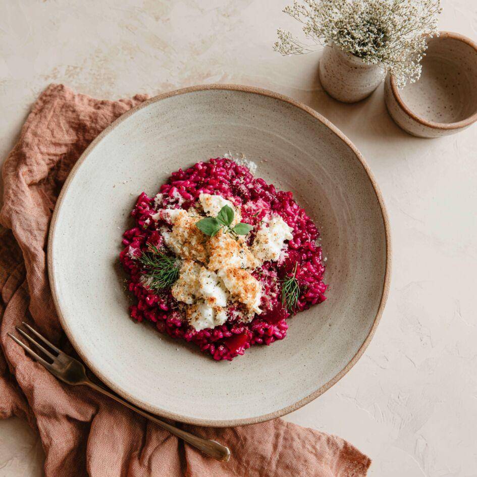 Risotto alla barbabietola con croccante di toma di capra - Ricette Cookeo Infinity Autostir | Moulinex